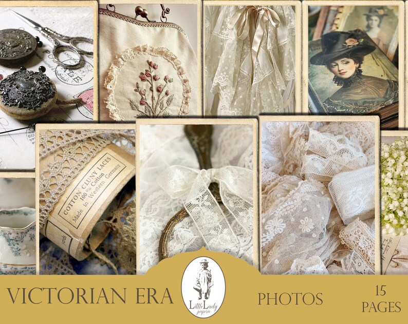 May include: A collage of images featuring Victorian era themes, including lace, embroidery, and a vintage photograph of a woman in a hat. The text "Victorian Era" and "15 Pages" is also included in the image.