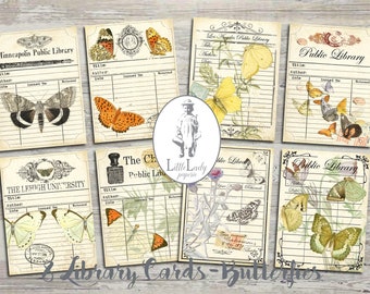 Butterfly Library Cards Ephemera, Collage Printable (Digital Download)