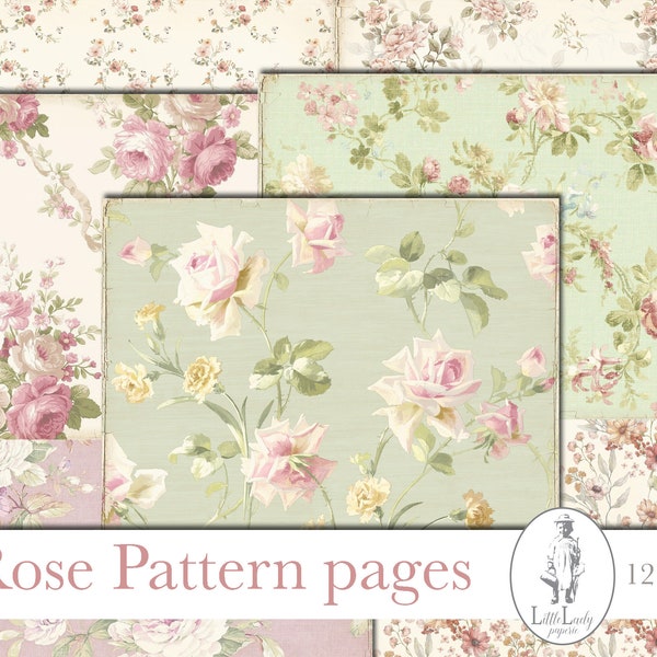 Rose shabby chic pattern junk journal pages flower rose digital pages rose collage sheet rose ephemera printable shabby chic pages