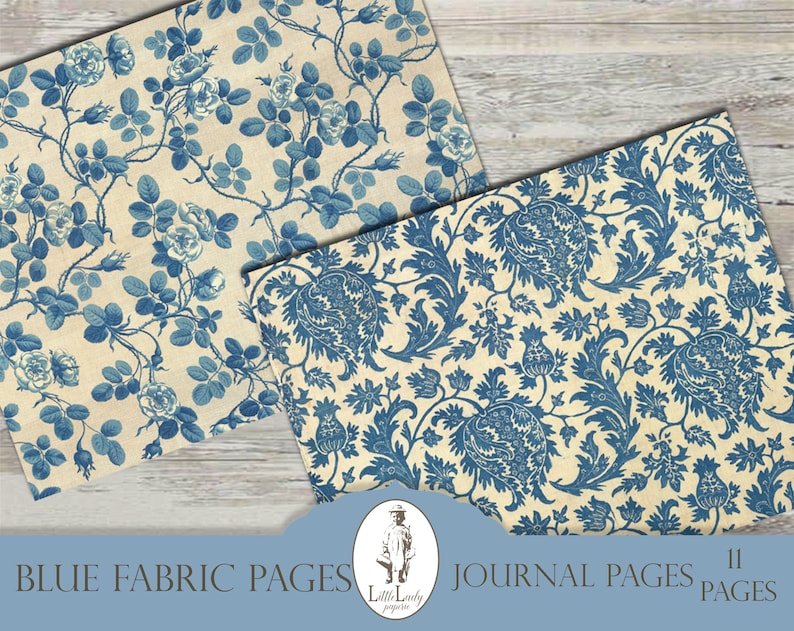Blue Victorian Fabric Junk Journal Pages (Digital Download) image 4