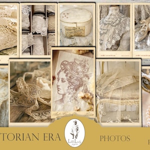 May include: A digital collage of 15 images featuring vintage lace, fabric, and other Victorian-era details. The images are arranged in a grid pattern and include a variety of textures and patterns. The text "Victorian Era Photos" is displayed at the bottom of the collage.