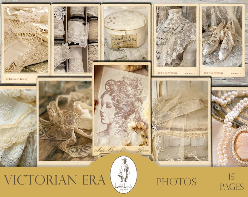 May include: A digital collage of 15 images featuring vintage lace, fabric, and other Victorian-era details. The images are arranged in a grid pattern and include a variety of textures and patterns. The text "Victorian Era Photos" is displayed at the bottom of the collage.