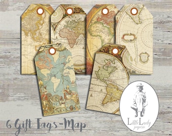 Vintage Map Gift Tags Printable Tags Paper Crafting | Etsy
