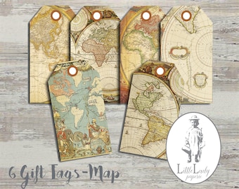 Vintage Map Gift Tags labels Printable Tags Paper crafting scrapbooking steampunk digital download instant download digital collage sheet