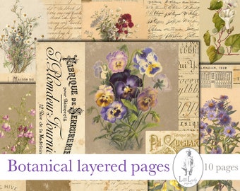 May include: A digital collage sheet with 10 pages featuring vintage botanical illustrations of flowers, including pansies, daisies, and other wildflowers. The pages also include handwritten text and a calendar from 1922.