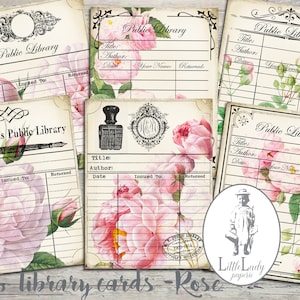 Cartões de biblioteca, rosa francesa, efêmera, diário, download digital, rosa francesa, artesanato, folha de colagem, cartões de biblioteca imprimíveis
