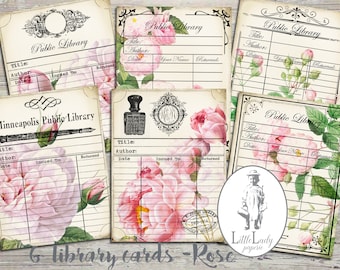 May include: Six printable library cards featuring a pink rose design. Each card has a title, author, and date section. The cards are perfect for organizing books and keeping track of borrowed items.