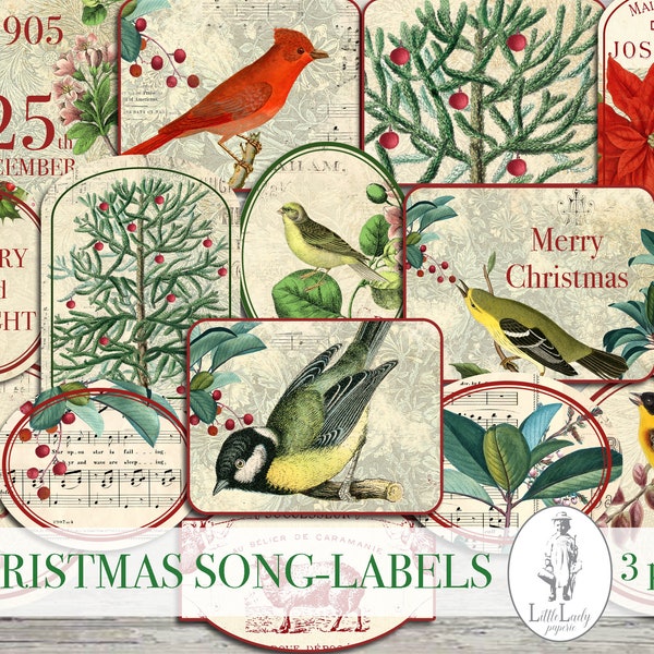 Christmas labels digital junk journal labels christmas botanical holiday printable collage sheet christmas birds ephemera scrapbooking