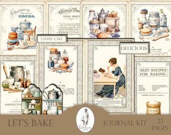 Könnte beinhalten: Ein Vintage-Journal-Kit mit Backthema. Die Seiten zeigen Illustrationen von Kakao, Kuchen und Rezepten. Der Text enthält "Let's Bake", "Delicious" und "Best Recipes for Baking."