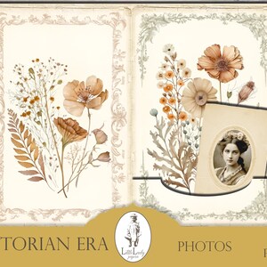 May include: A digital scrapbook kit with a Victorian Era theme. The kit features images of dried flowers and a vintage photo frame with a woman's portrait. The text "Victorian Era" and "Photos" is included in the image.