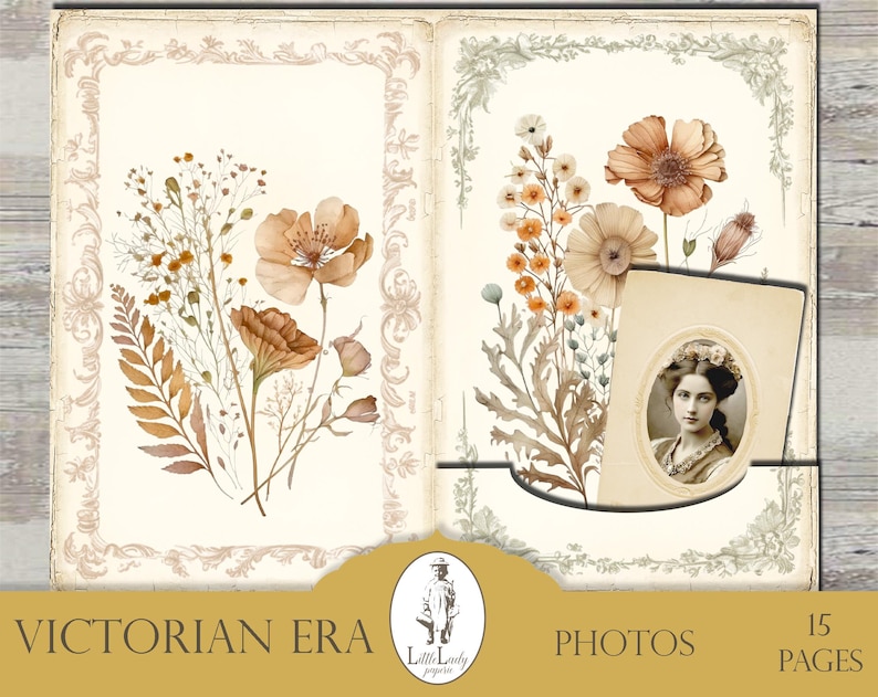 May include: A digital scrapbook kit with a Victorian Era theme. The kit features images of dried flowers and a vintage photo frame with a woman's portrait. The text "Victorian Era" and "Photos" is included in the image.