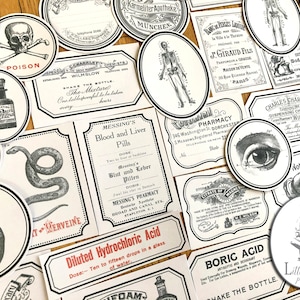 May include: A collection of vintage-style apothecary labels with black and white illustrations. The labels feature images of a skull and crossbones, a snake, a heart, an eye, a skeleton, and a bottle. The labels are printed on white paper with black borders and text. The text on the labels includes words like "Poison", "Blood and Liver Pills", "Diluted Hydrochloric Acid", and "Boric Acid".