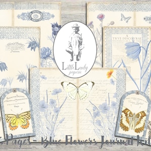 junk journal shabby blue flowers butterfies roses printable blue journal digital blue flower collage sheet blue ephemera scrabooking