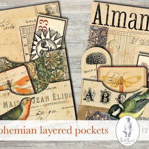 May include: Bohemian layered pockets digital paper pack with 12 pages featuring vintage style illustrations of birds, insects, flowers, and text. The paper pack includes a calendar, an almanac, and a variety of other decorative elements.