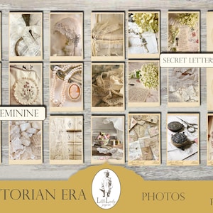 May include: A collection of 15 vintage-style digital paper pages featuring images of lace, flowers, and old letters. The pages are perfect for scrapbooking, card making, and other crafting projects. The text "SECRET LETTERS" and "FEMININE" are visible on the pages.