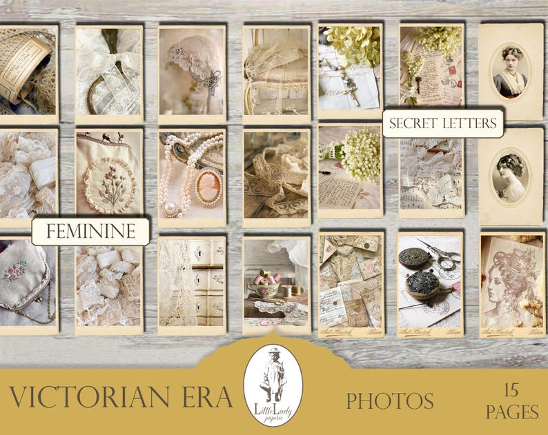 May include: A collection of 15 vintage-style digital paper pages featuring images of lace, flowers, and old letters. The pages are perfect for scrapbooking, card making, and other crafting projects. The text "SECRET LETTERS" and "FEMININE" are visible on the pages.