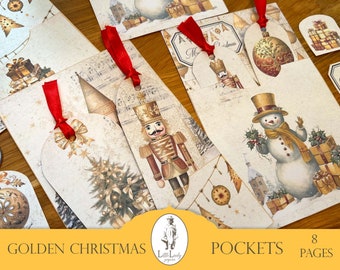 Golden Christmas Junk Journal Pockets, Printable Ephemera (Digital Download)