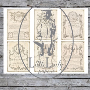 May include: Six vintage style cards with ornate frames and text. The cards are cream colored with brown text and illustrations. The text includes "Mary Samom", "John", "Feltham", "Sarkinon", "TEA DEALER & GROCER", "Catrinellest".
