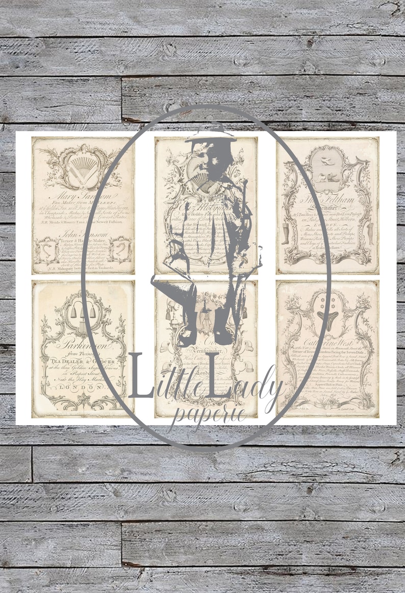 May include: Six vintage style cards with ornate frames and text. The cards are cream colored with brown text and illustrations. The text includes "Mary Samom", "John", "Feltham", "Sarkinon", "TEA DEALER & GROCER", "Catrinellest".