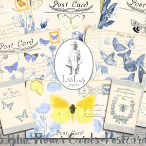 Junk journal shabby blue flower postcards printable butterfly blue ephemera digital shabby blue collage sheet blue roses butterflies