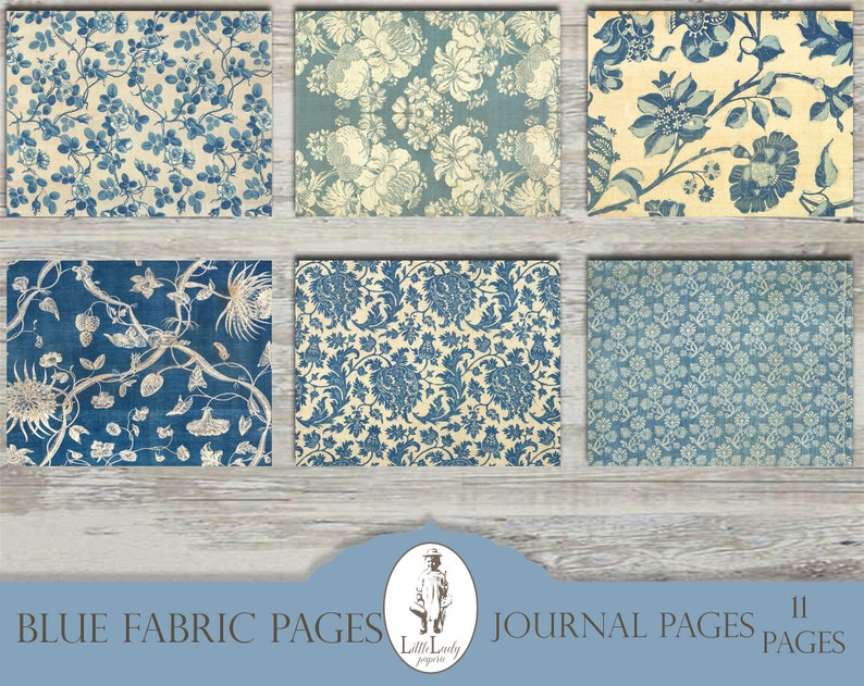 Blue Victorian Fabric Junk Journal Pages (Digital Download) image 5