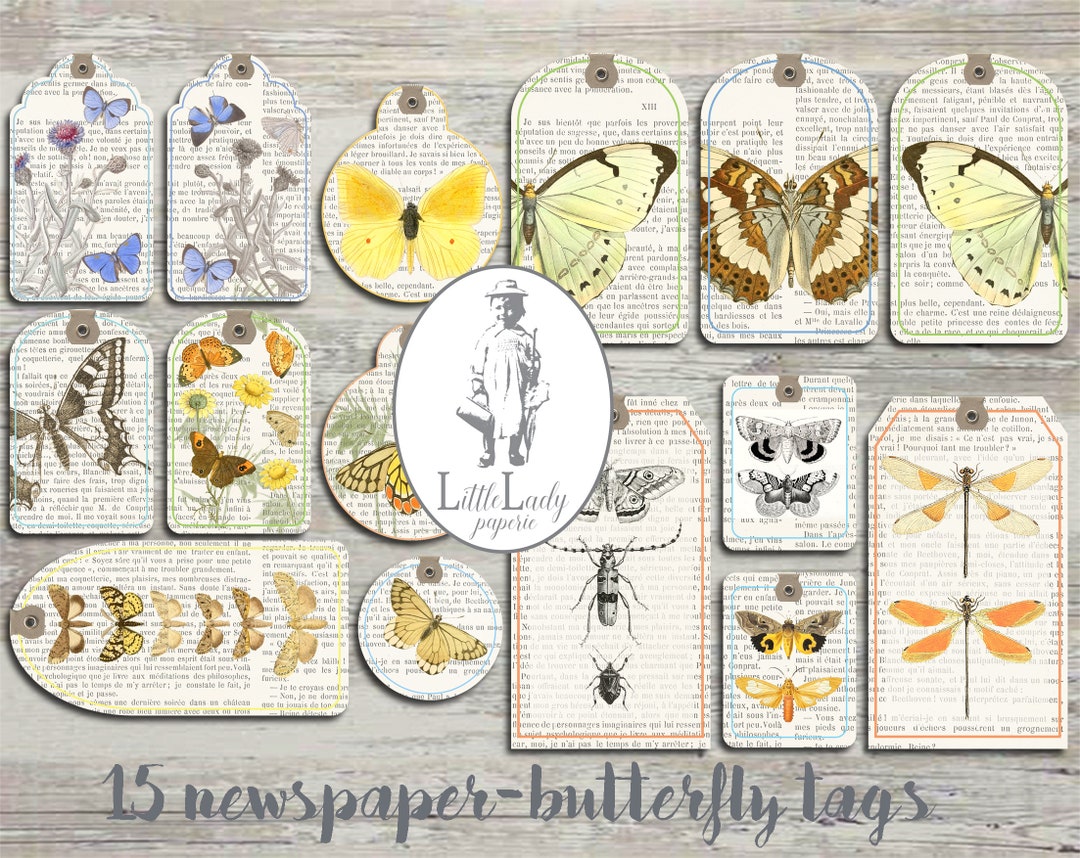 Newspaper Butterfly Dragonfly Scrapbooking Junk Journal Tags Crafting