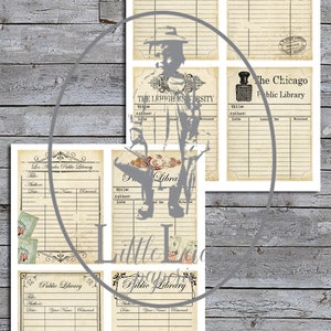 May include: Six vintage library card templates with ornate borders and decorative elements. Each card has fields for title, author, date, issued to, and returned. The cards are printed on a cream-coloured paper with a distressed look.