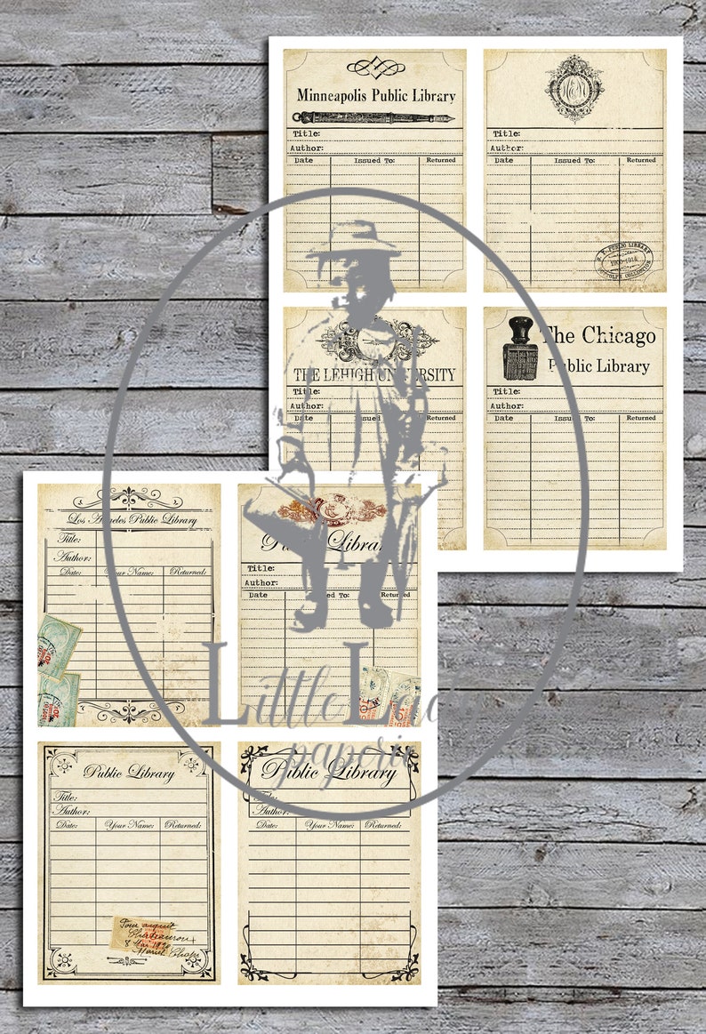 May include: Six vintage library card templates with ornate borders and decorative elements. Each card has fields for title, author, date, issued to, and returned. The cards are printed on a cream-coloured paper with a distressed look.