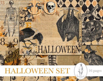 Halloween Junk Journal Kit, Ephemera Scrapbook Pages (Digital Download)