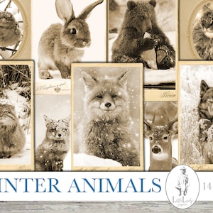Diario basura de animales del bosque de invierno, fotografías digitales, diario basura de animales del bosque de invierno, efímeras navideñas de animales de invierno, álbumes de recortes