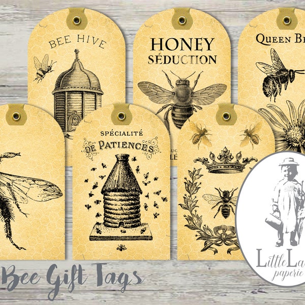 Bee Gift Tags Printable Bee Tags Paper crafting scrapbooking beekeeper honey steampunk digital download instant download collage sheet