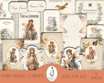 May include: An 11-page printable digital paper pack with a fairy garden theme. The pack includes images of fairies, butterflies, flowers, and text elements. The text includes the words "Fairy Magic Garden", "Add On Kit", "Little Lovely Papers", and "11 Pages".