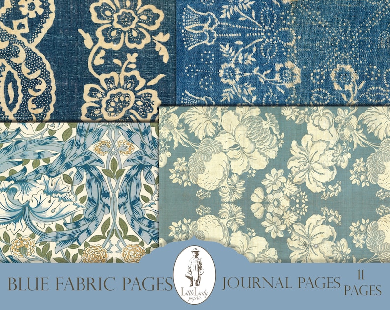 Blue Victorian Fabric Junk Journal Pages (Digital Download) image 2