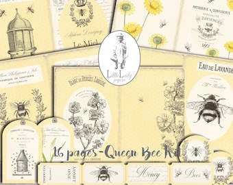 Queen Bee Junk Journal Kit, Printable Ephemera (Digital Download)