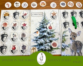 Puede incluir: Un calendario de adviento de Navidad con 25 puertas numeradas, cada una con una ilustración diferente. El calendario está decorado con una escena de bosque nevado y las palabras "Winter in the Forest" y "Advent Folio 8 Pages".