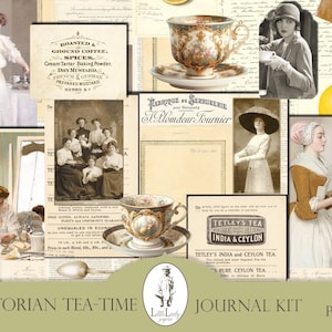 Puede incluir: Un kit de collage digital con temática de fiesta de té victoriana. El kit incluye imágenes de tazas de té, teteras, anuncios vintage y mujeres con ropa victoriana. El kit está diseñado para scrapbooking, journaling y otras manualidades de papel.