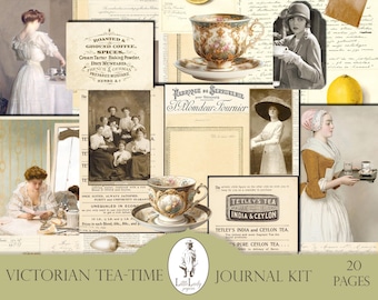 May include: A digital collage kit with a Victorian tea party theme. The kit includes images of teacups, teapots, vintage advertisements, and women in Victorian clothing. The kit is designed for scrapbooking, journaling, and other paper crafts.