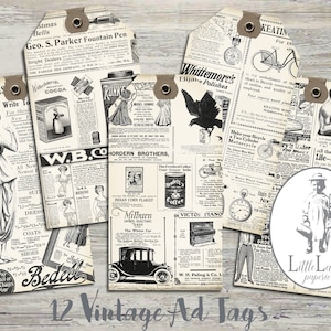 Etiqueta de presente de publicidade, anúncios vintage, coisas efêmeras, diário digital, artesanato em papel para impressão, etiqueta de presente de festa digital de propaganda vintage