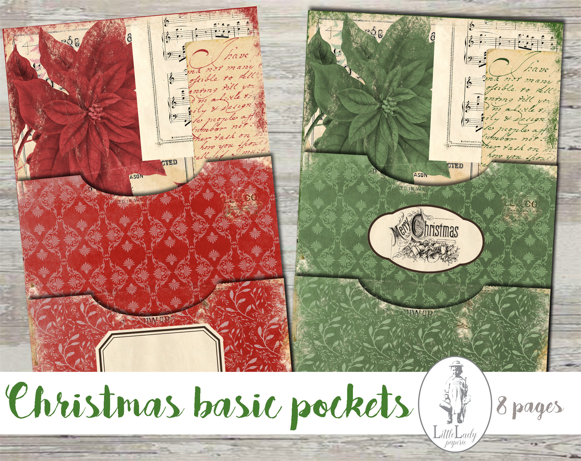 Christmas junk journal digital kit christmas pockets collage sheet christmas damask printable pockets christmas crafting digital paper