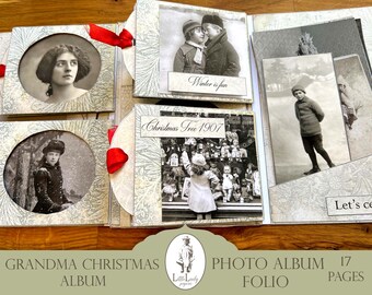 May include: A vintage photo album with a Christmas theme. The album has a white background with a snowflake pattern and features several black and white photos of children. The album is titled "Grandma Christmas Album" and "Photo Album Folio 17 Pages".