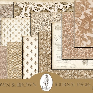 Puede incluir: Un conjunto de 23 páginas de diario imprimibles digitales con patrones florales marrones y blancos. Las páginas son perfectas para scrapbooking, diario y otras manualidades de papel.