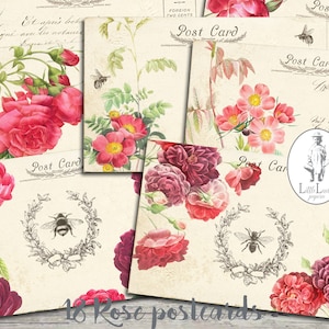 Bienen Postkarten Bienen Basteln Rosen Junk Journal rote Rosen Ephemera digitales Postpapier Basteln Scrapbooking Rosen prinatable