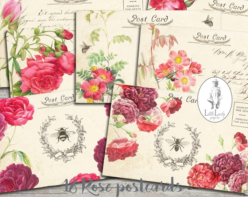 Red Roses & Bee Postcards for Junk Journals (digital Download) - Etsy