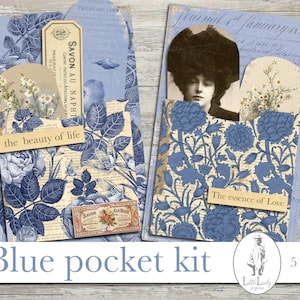 Blue pattern junk journal kit blue shabby chick digital pocket kit blue ephemera blue collage scrapbooking sheet printable