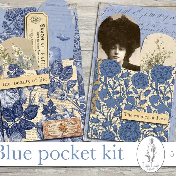 Blue pattern junk journal kit blue shabby chick digital pocket kit blue ephemera blue collage scrapbooking sheet printable