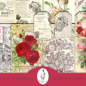 Puede incluir: Un kit de efímeras vintage con 15 páginas con imágenes de rosas, flores y texto relacionado con la jardinería. Las páginas están en varios tonos de rosa, rojo, verde y negro.