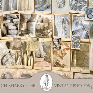 May include: Twelve vintage photos with a shabby chic theme featuring lace, ribbons, and other decorative elements. The photos are arranged in a collage on a light brown surface. The text "French Shabby Chic" and "Vintage Photos 12 Pages" is visible at the bottom of the image.