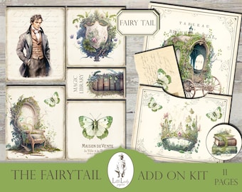 May include: A digital scrapbooking kit with 11 pages featuring a fairy tale theme. The pages include illustrations of a carriage, a library, a butterfly, a crown, and a man in a suit. The text "The Fairytale" and "Add On Kit" is included on the pages.