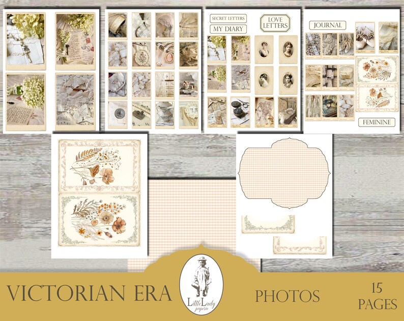 May include: A digital collage sheet with 15 pages of vintage-inspired images. The images feature floral designs, handwritten letters, and text that says "Secret Letters", "My Diary", "Love Letters", "Journal", and "Feminine".