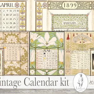 May include: Vintage calendar kit with 20 pages featuring floral and nature-inspired designs. The kit includes calendars for each month of the year 1899, with the months labeled in German. The calendars are decorated with intricate floral patterns and illustrations of birds and flowers.
